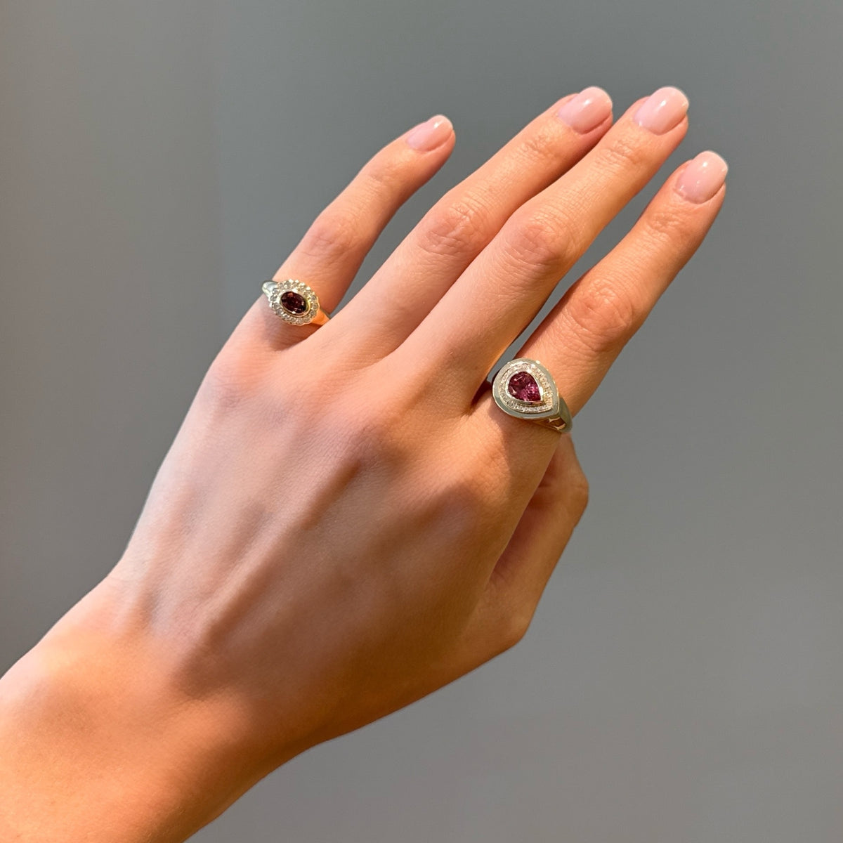 14KT Yellow Gold Tourmaline Diamond Daisy Pinkie Ring and 14KT Yellow Gold Pear Shaped Tourmaline Diamond Wanda Ring