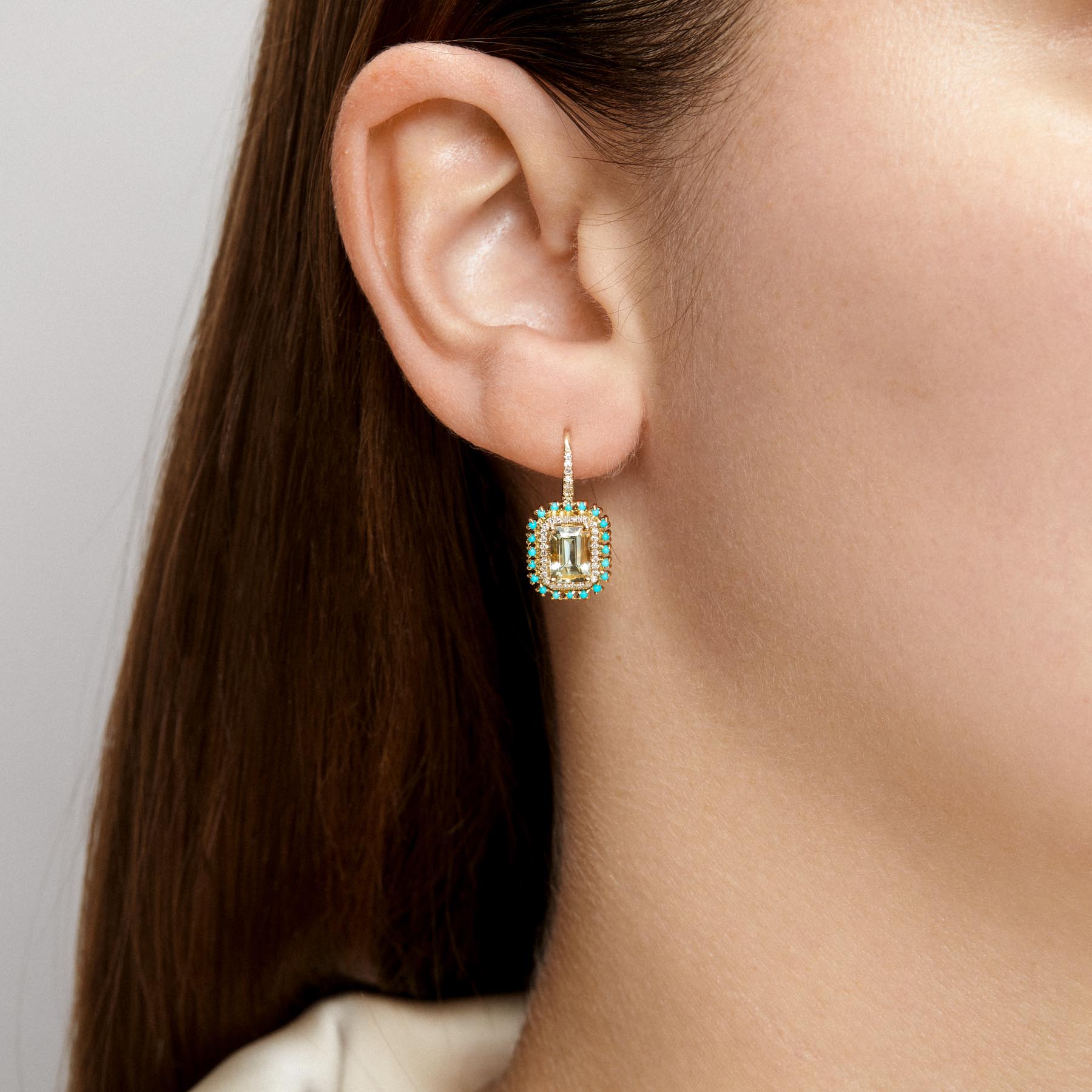 14KT Yellow Gold Green Amethyst Turquoise Diamond Luxe Monaco Leverback Earrings