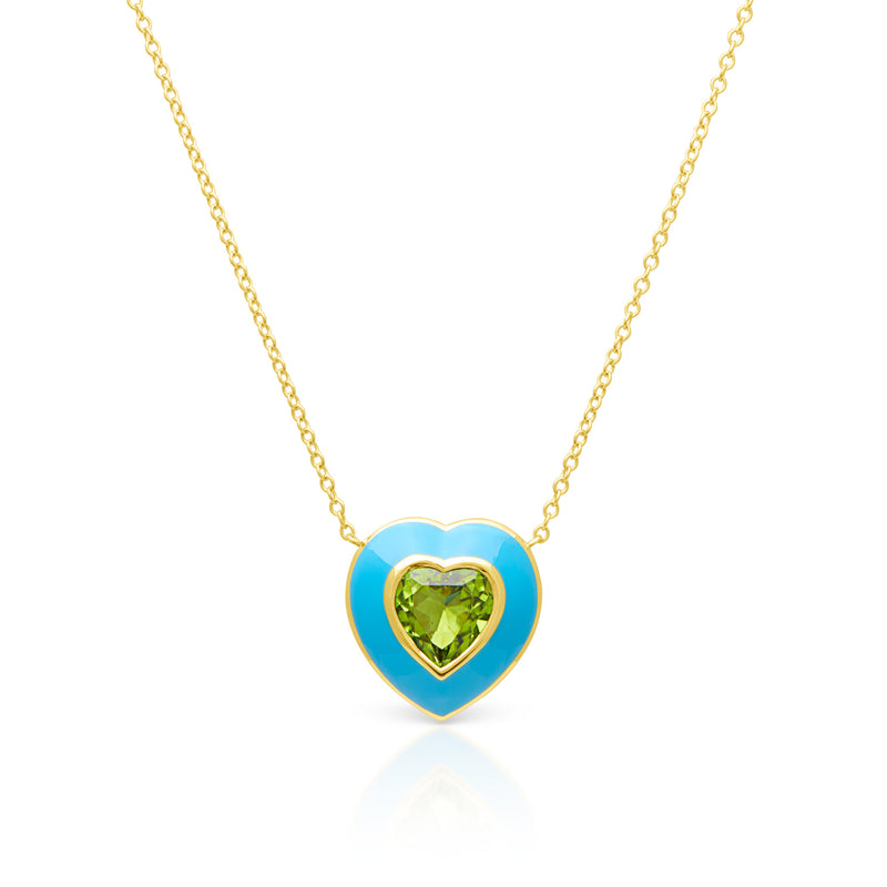 14KT Yellow Gold Peridot Turquoise Enamel Heart Necklace