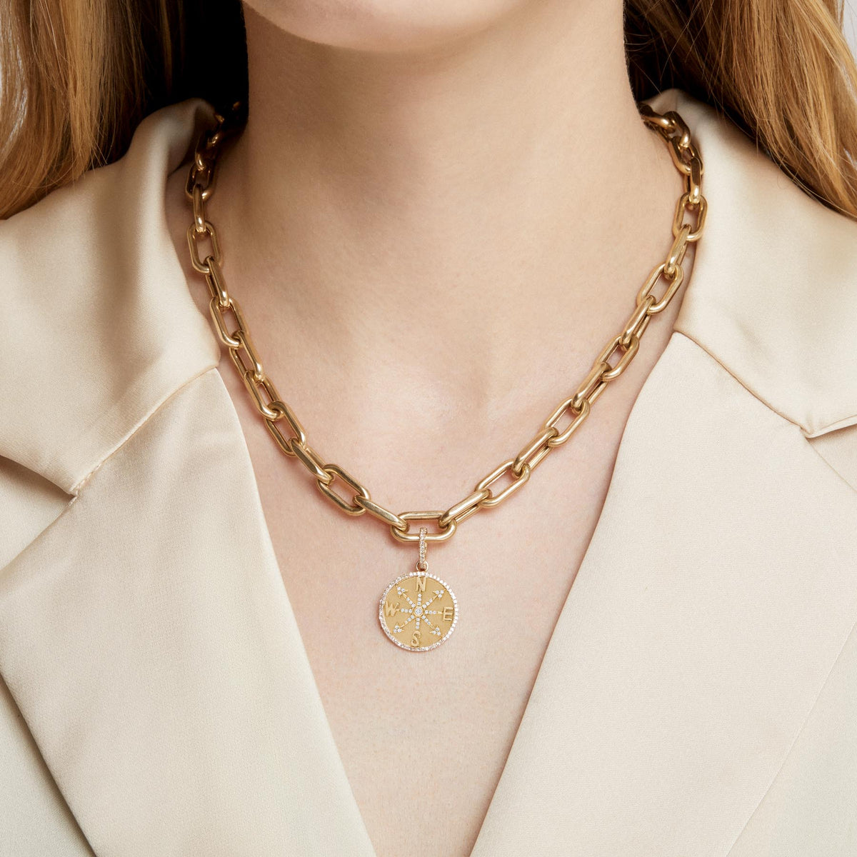 Model wearing 14KT Yellow Gold Diamond Compass Medallion Charm with Diamond Clip on Bail
