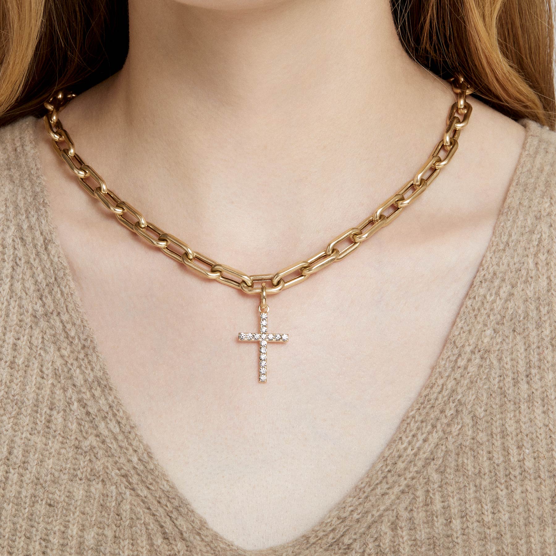 14KT Yellow Gold Diamond Large Cross Charm Pendant with Clip on Bail