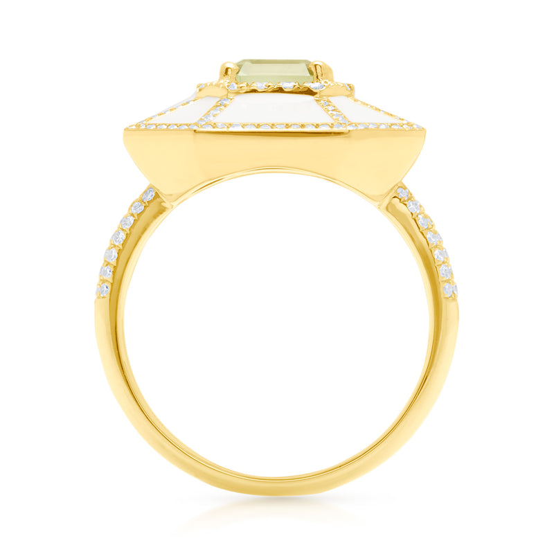 18KT Yellow Gold Green Amethyst White Enamel Diamond Deco Cocktail Ring