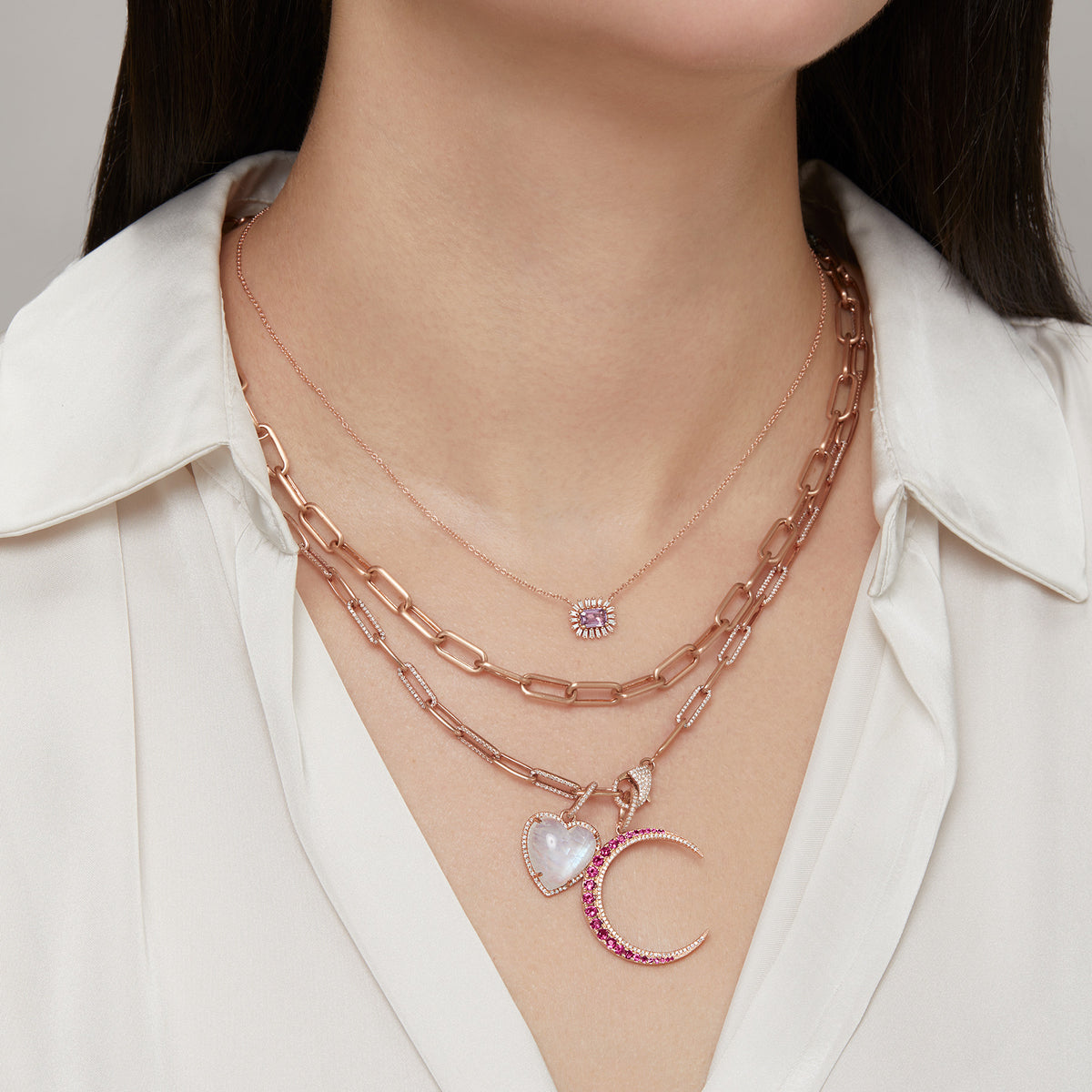 Model wearing 14KT Yellow Gold Moonstone Diamond Heart Charm Pendant with Diamond Clip on Bail