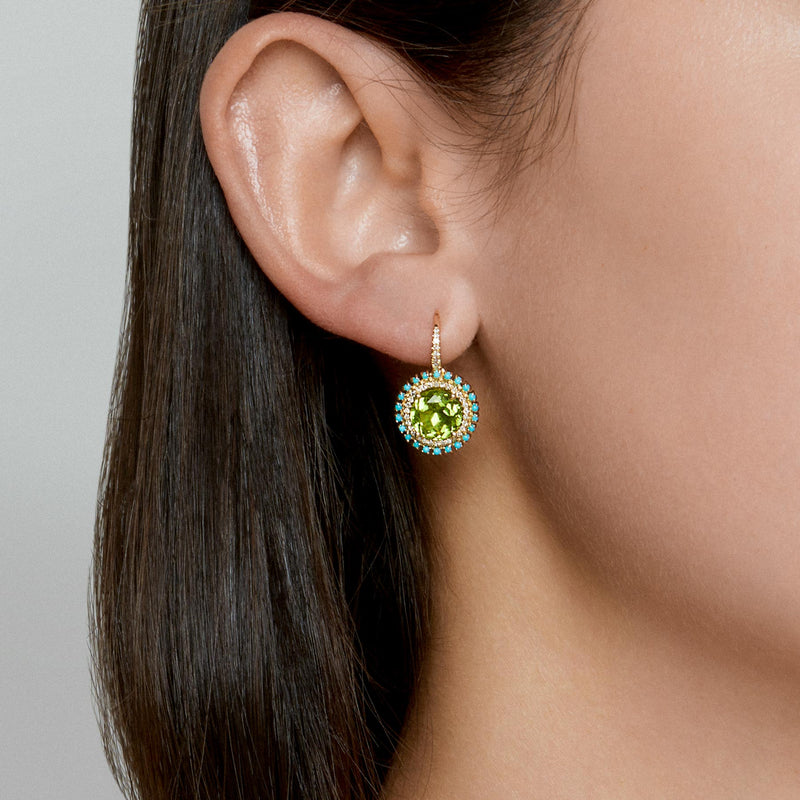 14KT Yellow Gold Peridot Turquoise Diamond Round Kai Earrings