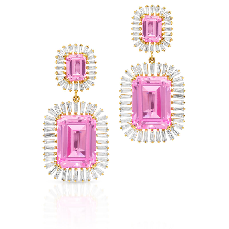 18KT Yellow Gold Pink Topaz Baguette Diamond Luxe Fauna Earrings