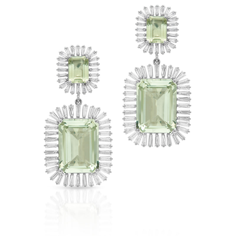 18KT White Gold Green Amethyst Baguette Diamond Luxe Fauna Earrings