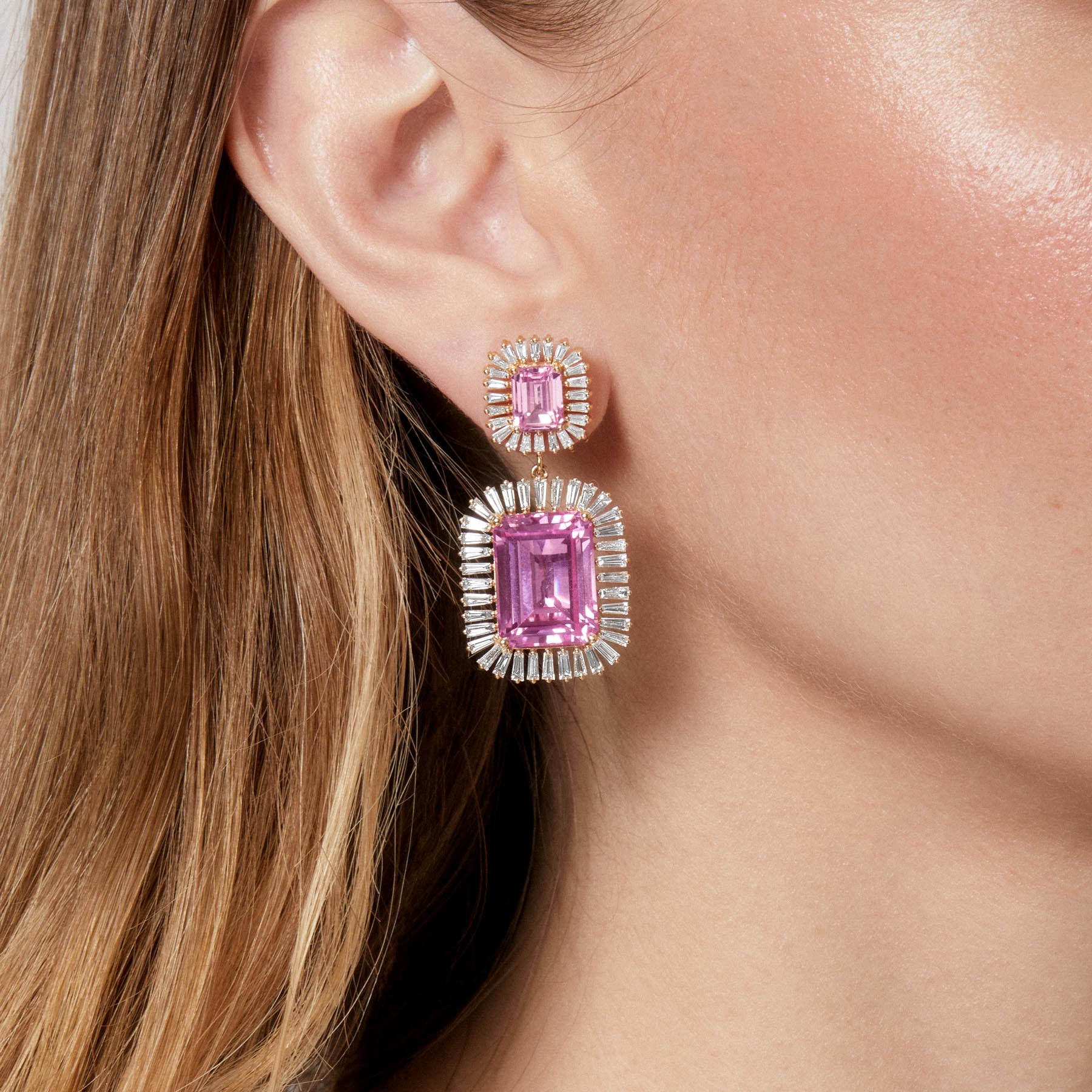 Model wearing 18KT Yellow Gold Pink Topaz Baguette Diamond Luxe Fauna Earrings