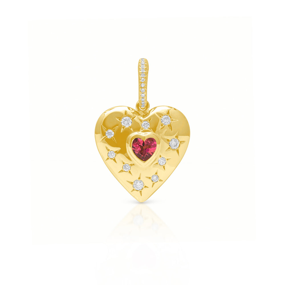 14KT Yellow Gold Pink Tourmaline Diamond Valentina Heart Charm Pendant with Diamond Clip on Bail