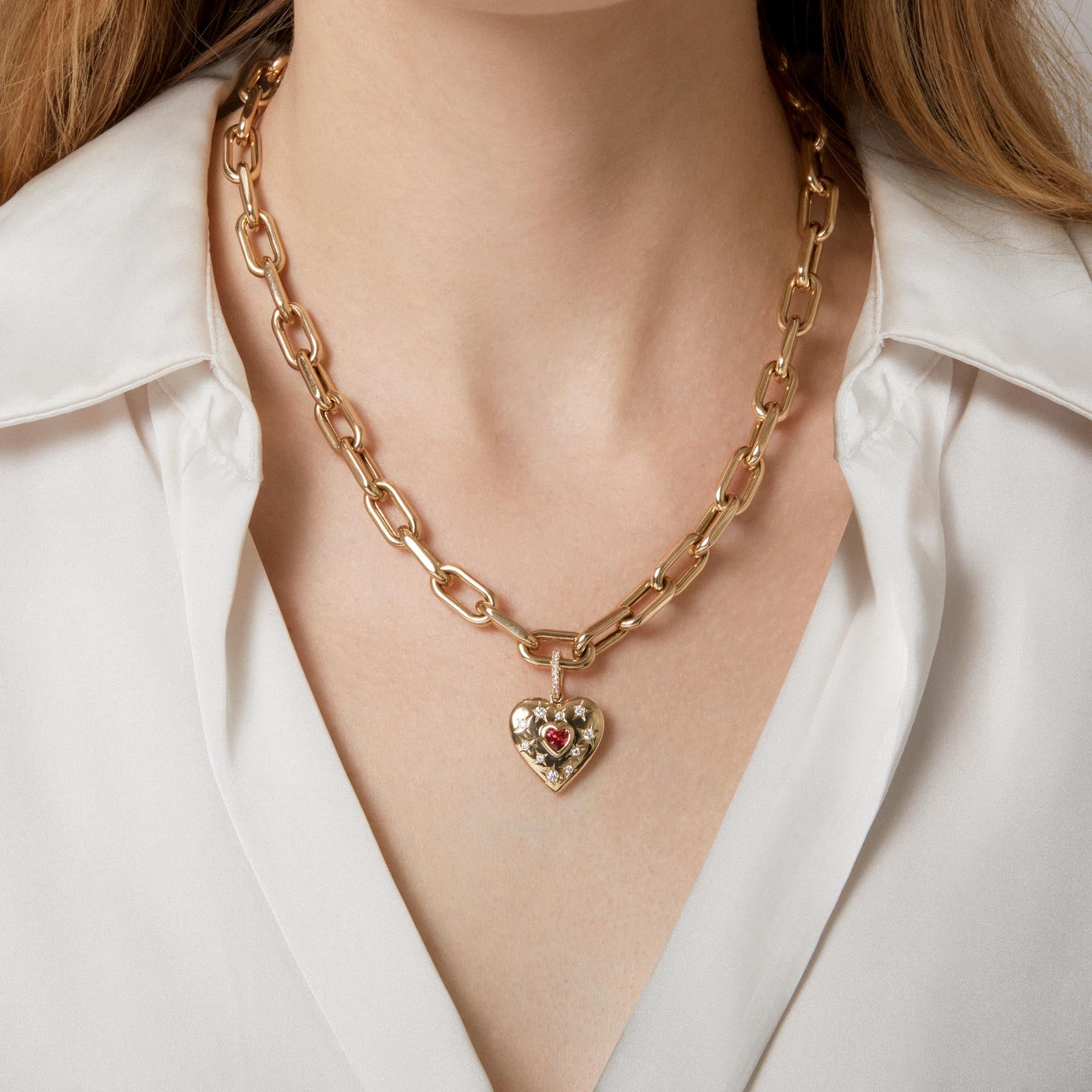 Model wearing 14KT Yellow Gold Pink Tourmaline Diamond Valentina Heart Charm Pendant with Diamond Clip on Bail