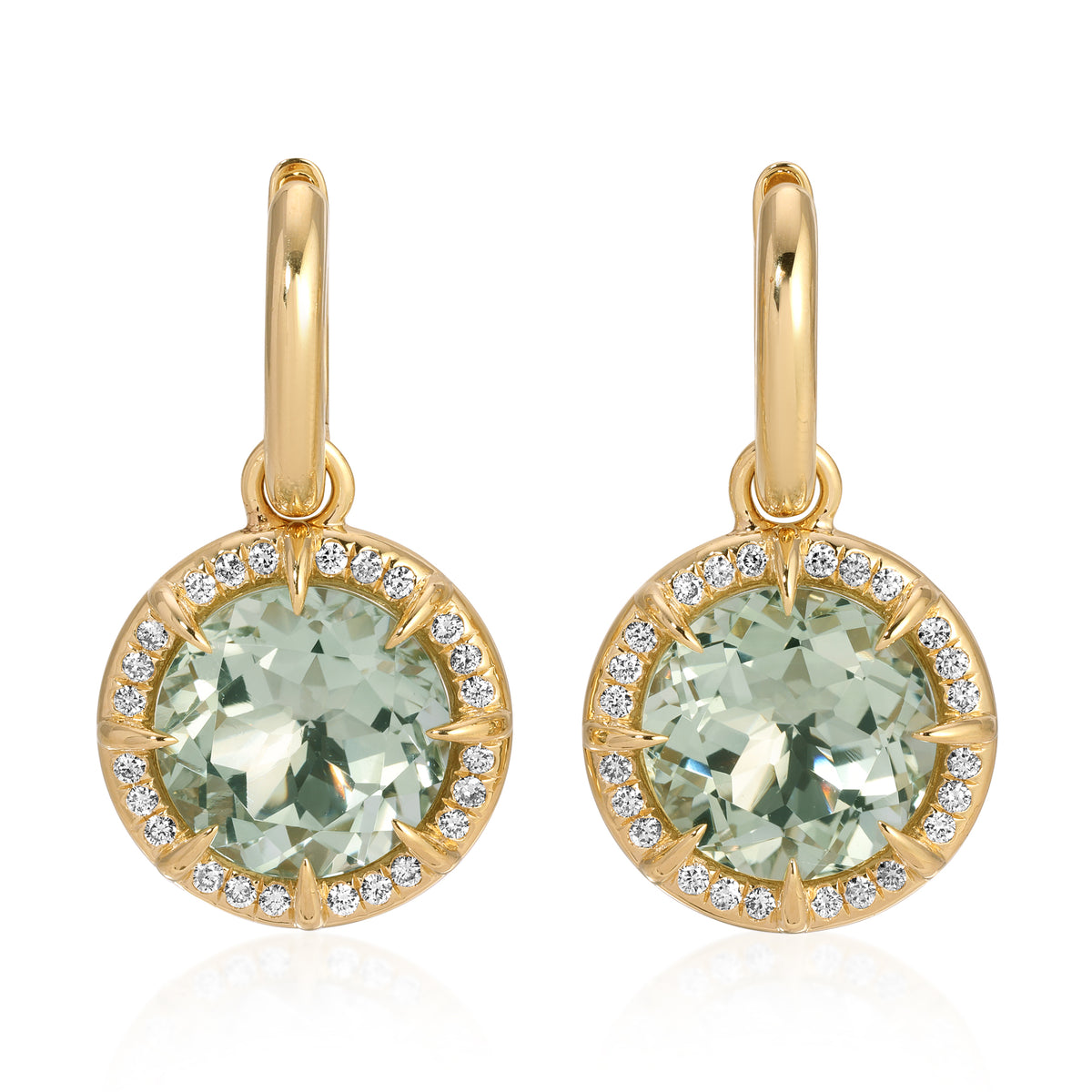 14KT Yellow Gold Green Amethyst Diamond Verte Round Prism Charm Earrings