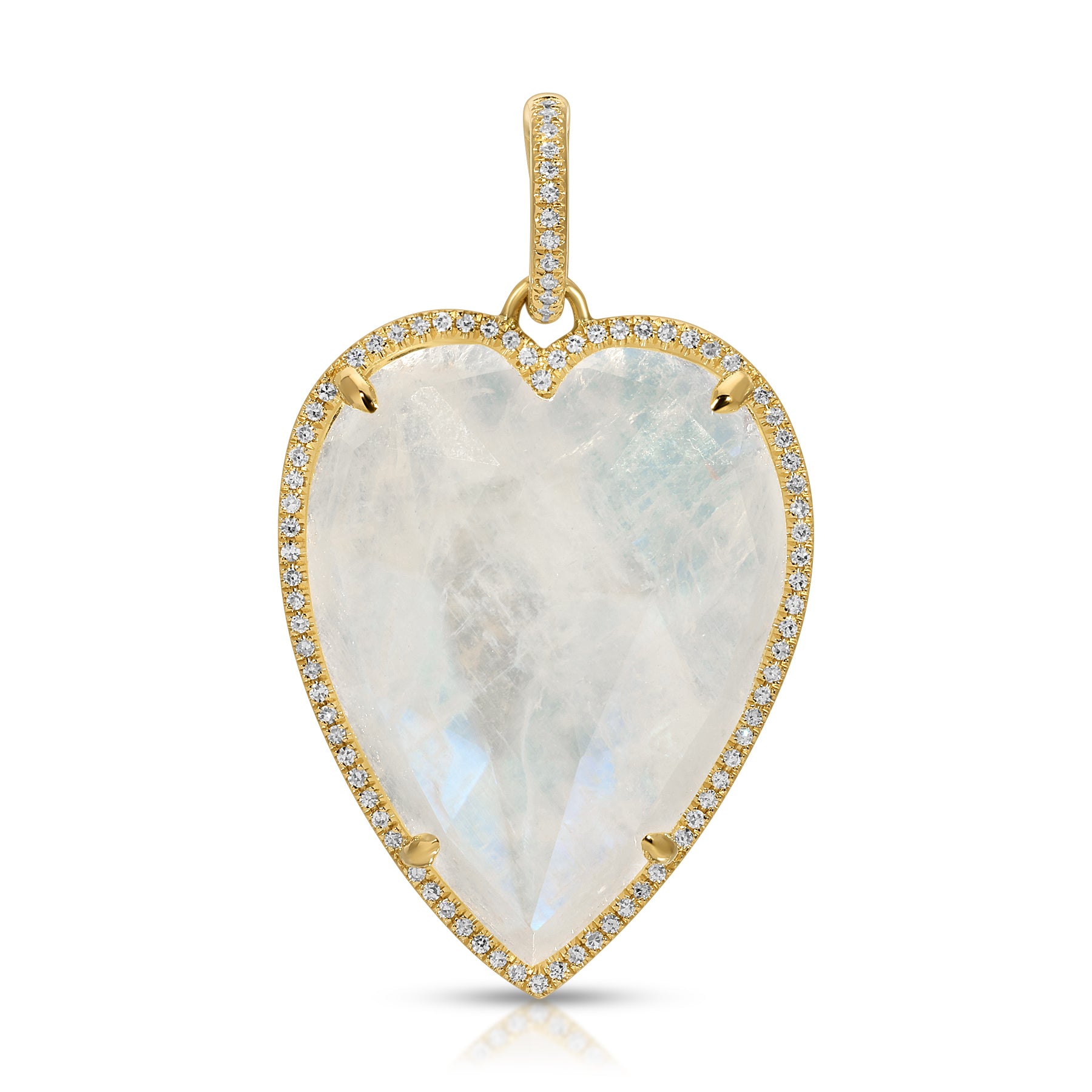14KT Yellow Gold Moonstone Diamond Large Heart Charm with Diamond Clip on Bail