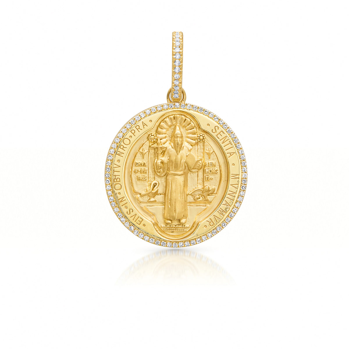 14KT Yellow Gold Diamond St. Benedict Medallion Charm with Diamond Clip on Bail
