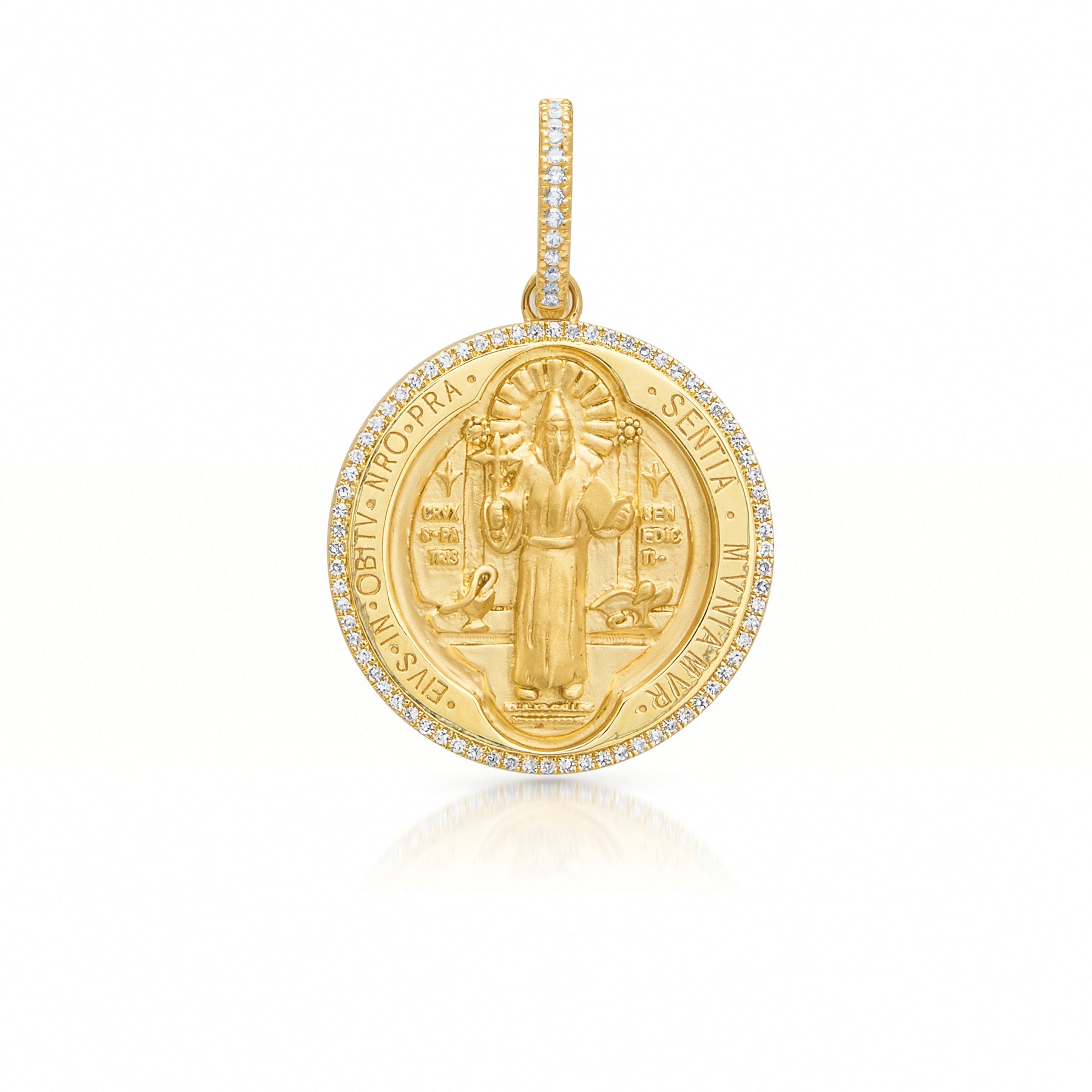 14KT Yellow Gold Diamond St. Benedict Medallion Charm with Diamond Clip on Bail