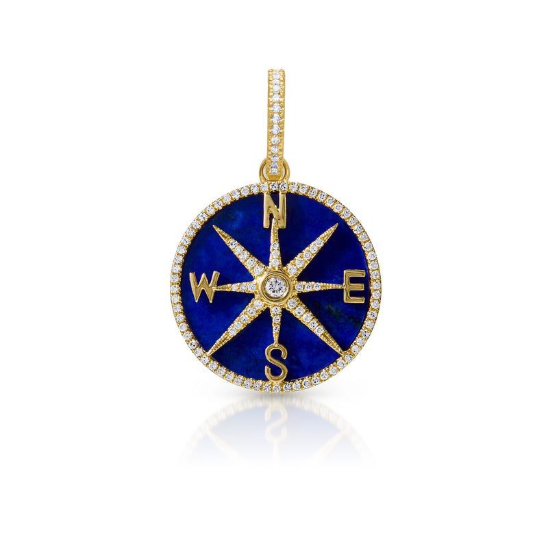 14KT Yellow Gold Lapis Diamond Compass Medallion Charm with Diamond Clip on Bail