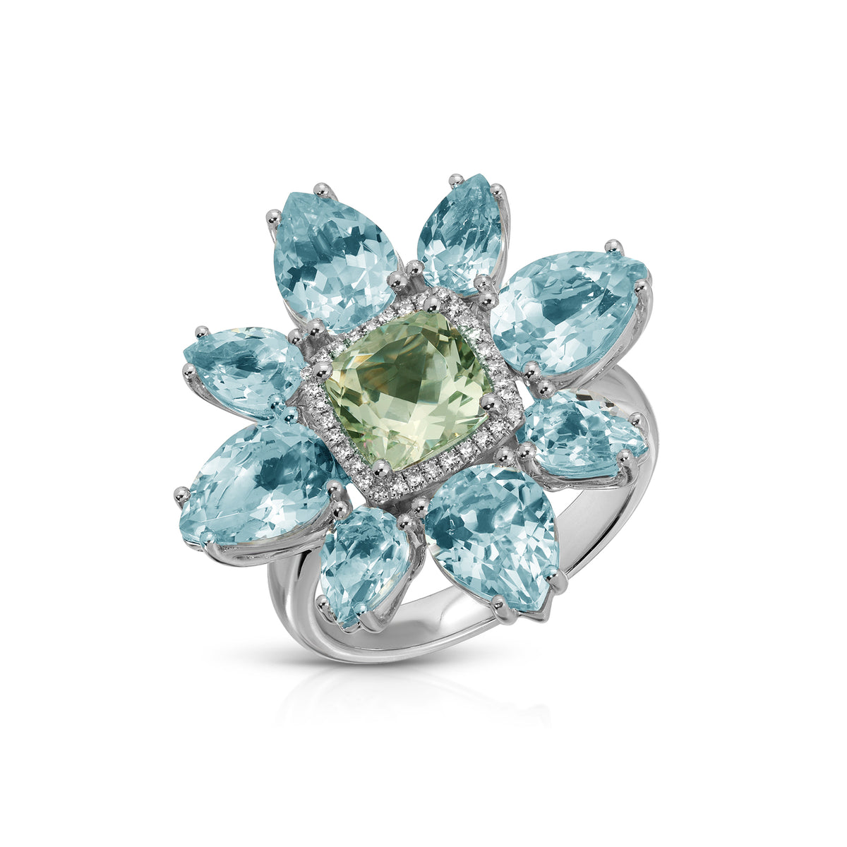 14KT White Gold Blue Topaz Green Amethyst Diamond Luxe Amaryllis Ring