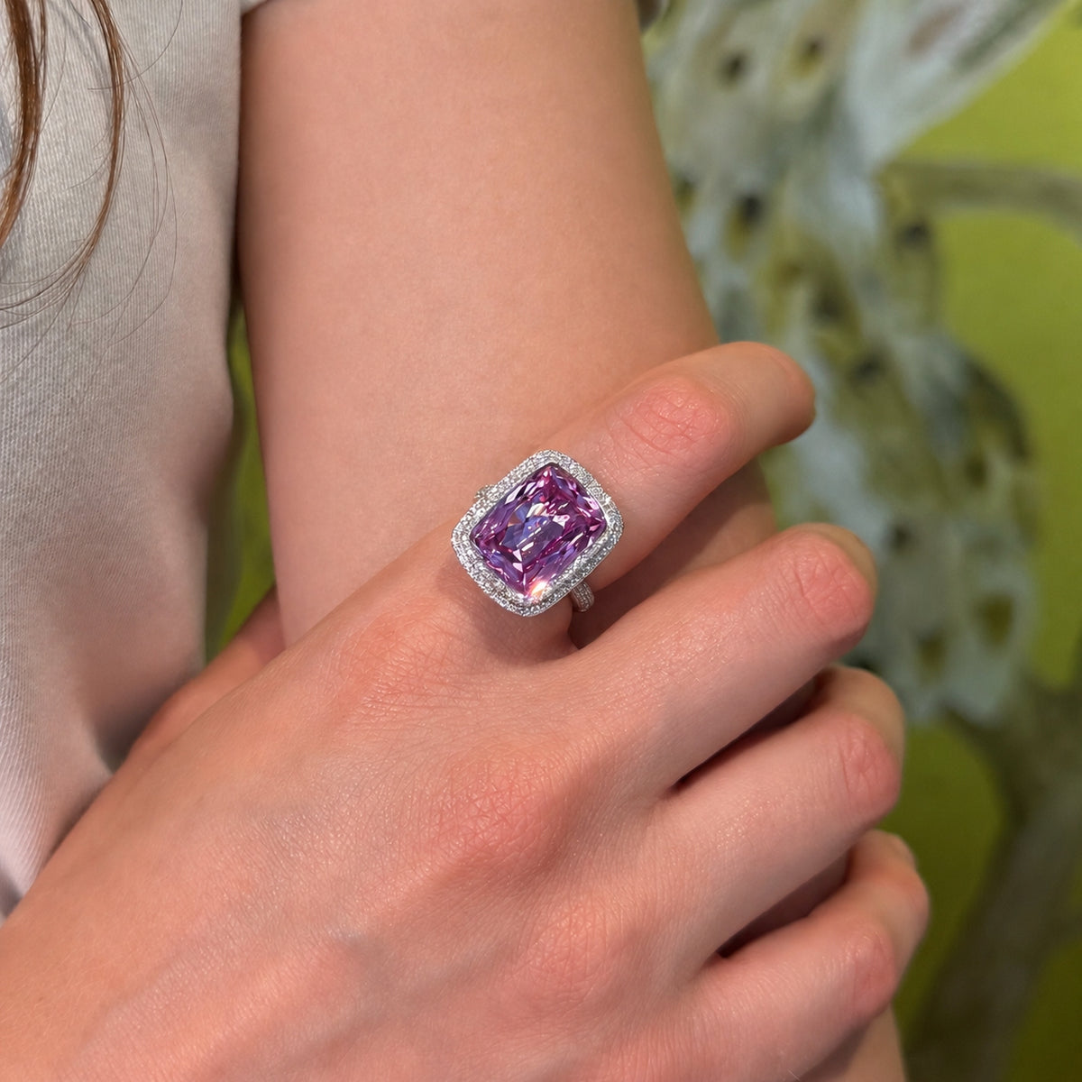 14KT White Gold Pink Topaz Diamond Rose Prism Ring