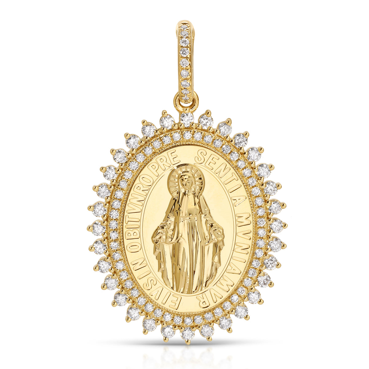 14KT Yellow Gold Diamond Virgin Mary Charm with Diamond Clip on Bail