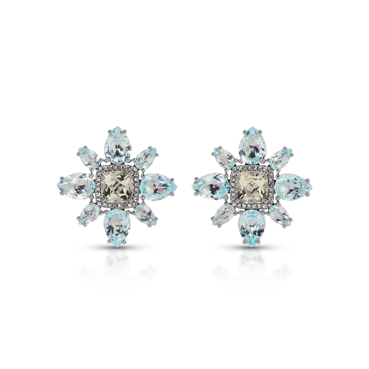 14KT Yellow Gold Blue Topaz Green Amethyst Small Amaryllis Earrings