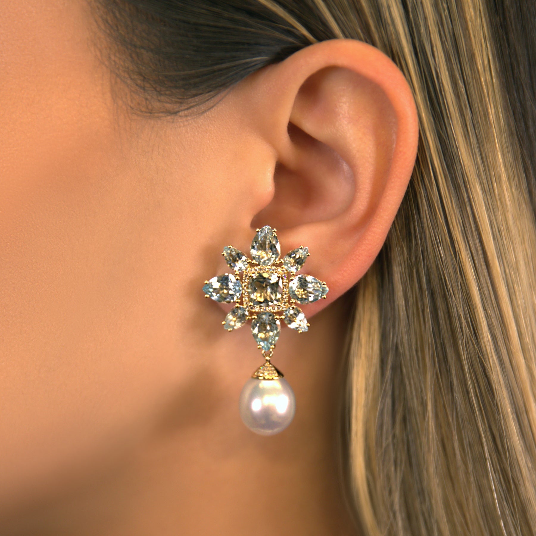 14KT Yellow Gold Blue Topaz Green Amethyst South Sea Pearl Amaryllis Earrings