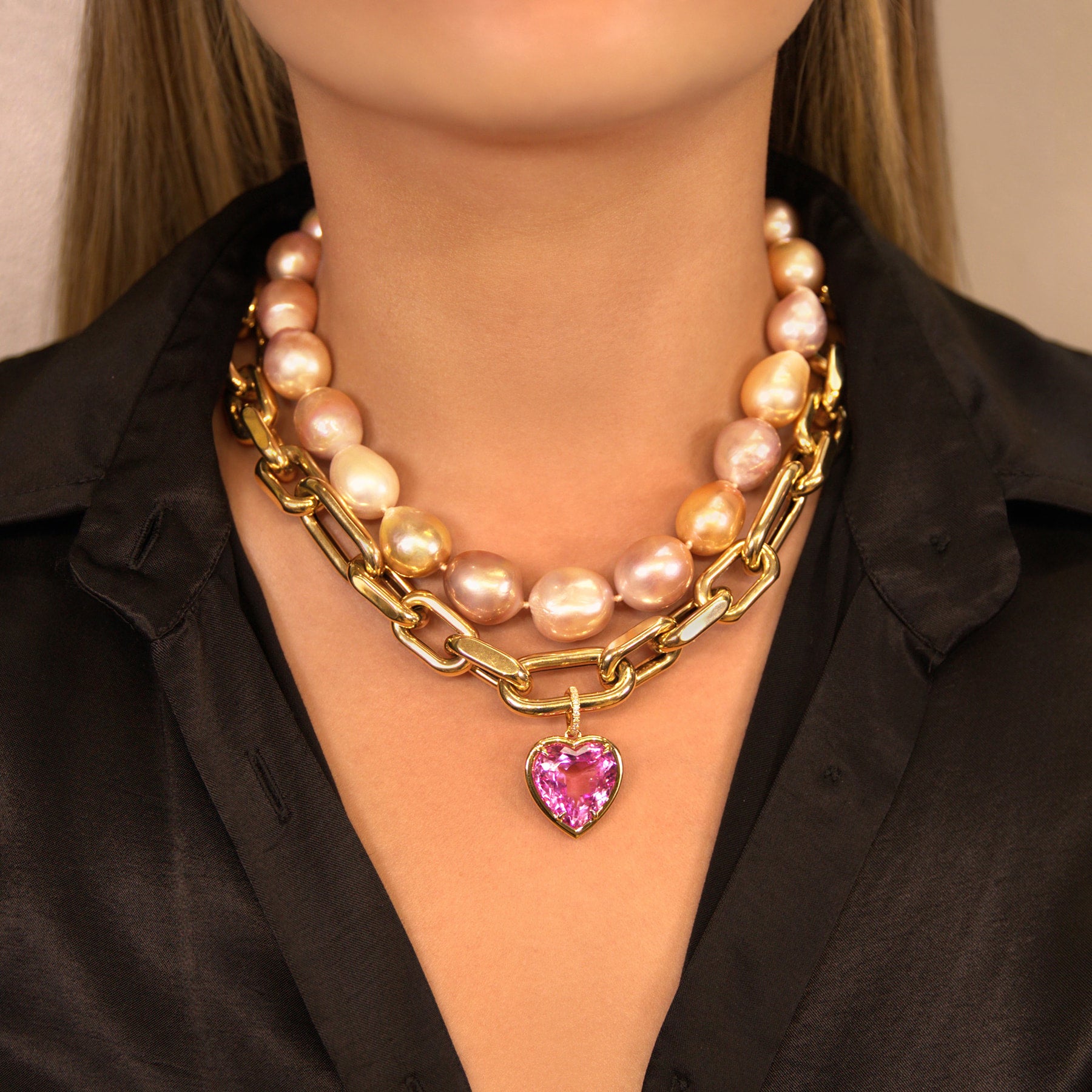 Elongated Pink Pearl Necklace & 14KT Yellow Gold Pink Topaz Diamond Heart Charm