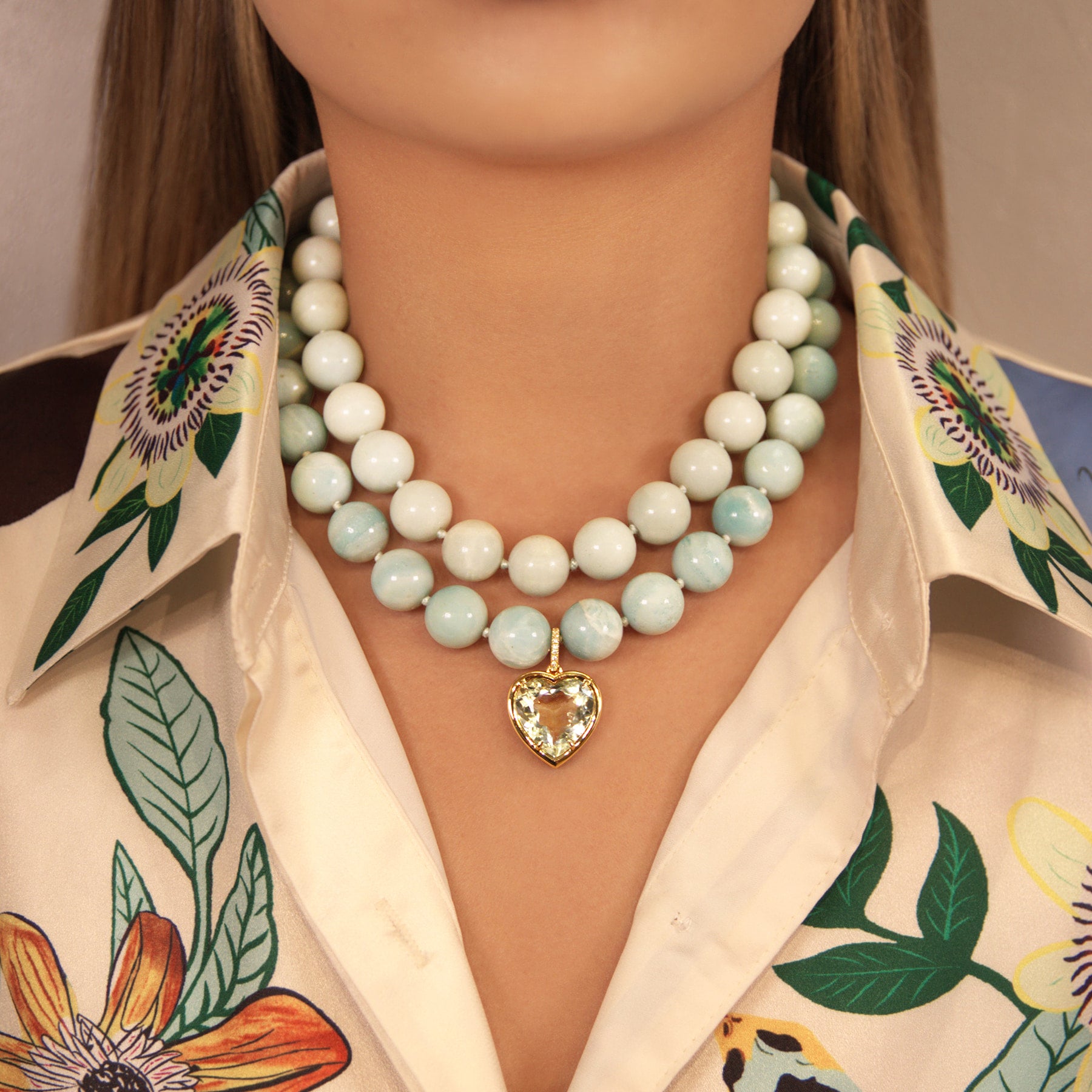 14mm Amazonite Necklace & 14KT Yellow Gold Green Amethyst Diamond Heart Charm