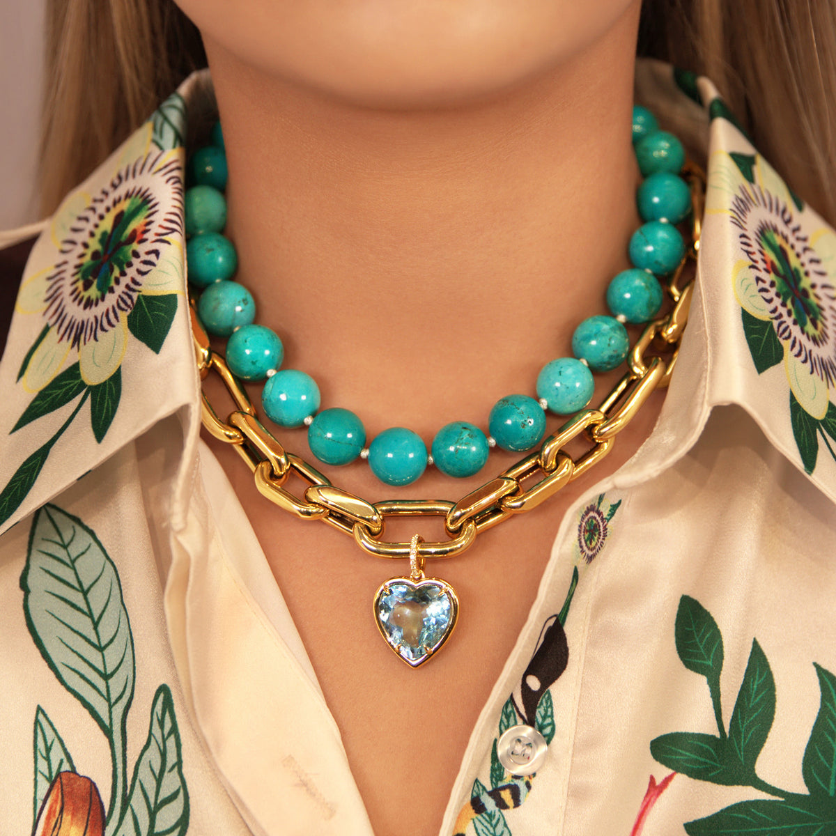 14KT Yellow Gold Luxe Roma Necklace & 14KT Yellow Gold Blue Topaz Diamond Heart Charm