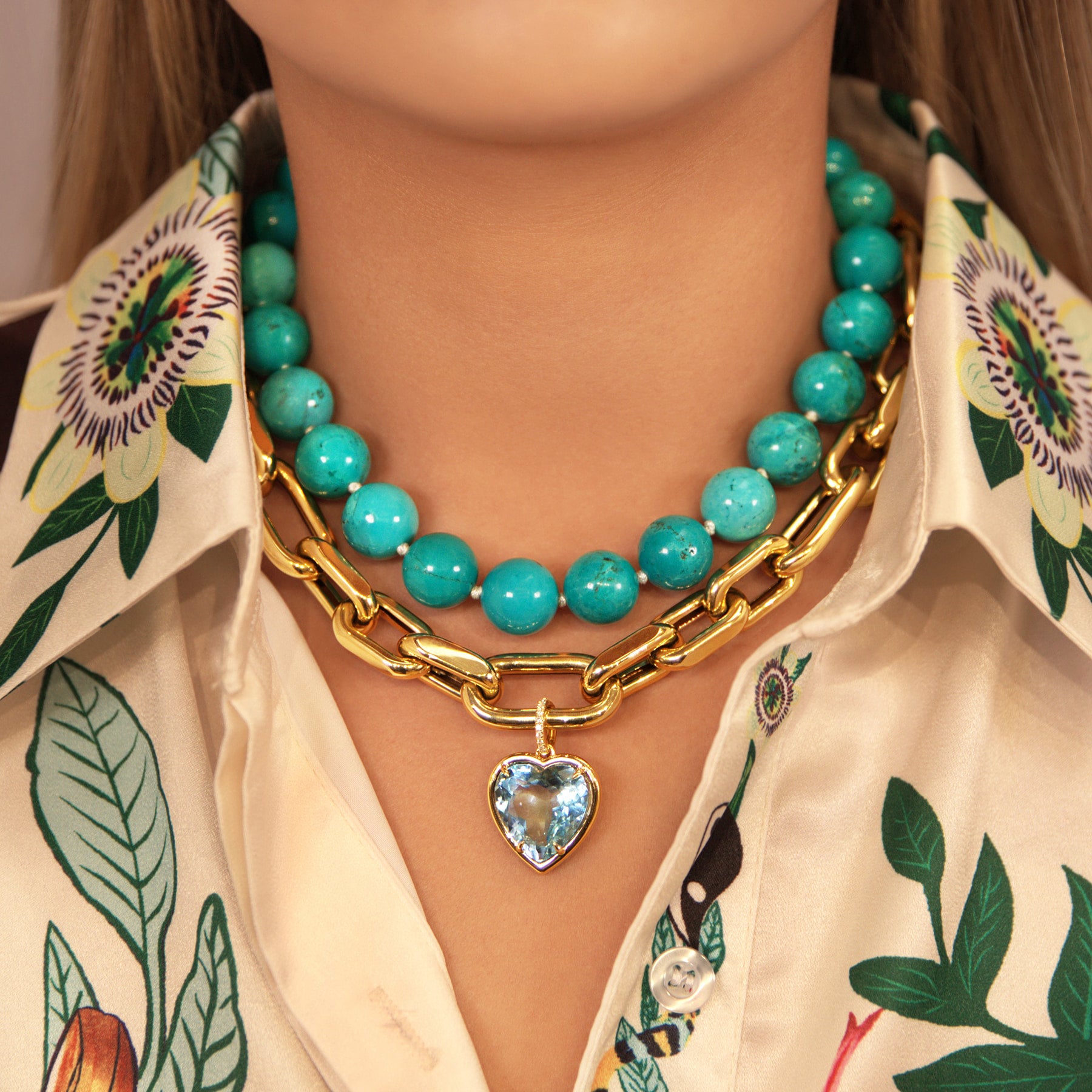 14KT Yellow Gold Luxe Roma Necklace & 14KT Yellow Gold Blue Topaz Diamond Heart Charm