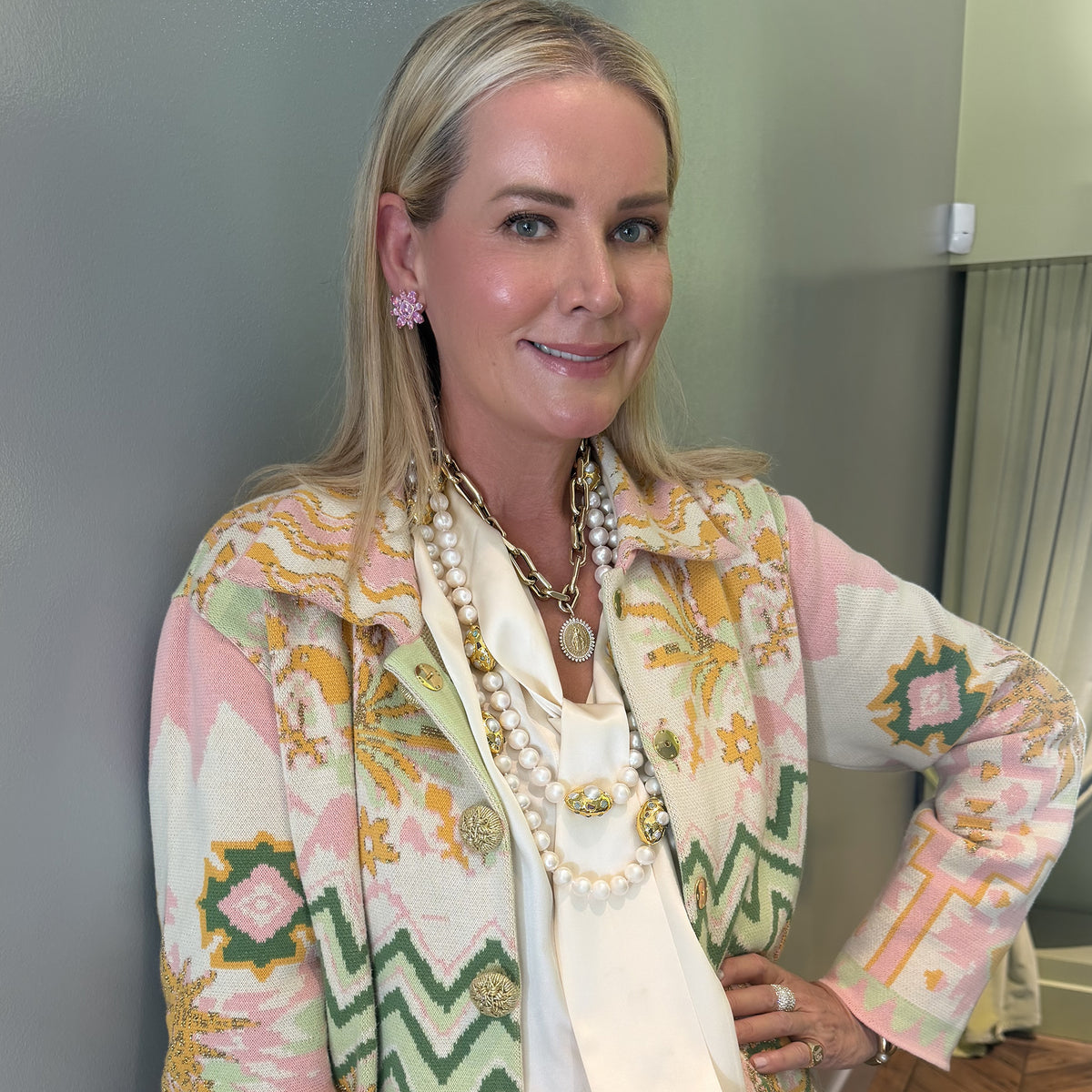 Anne wearing 14KT Yellow Gold Pink Topaz Diamond Large Amaryllis Earrings