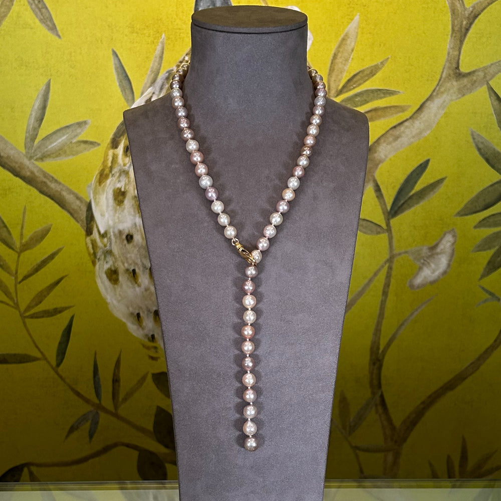 Golden Pink Pearl Lariat Necklace