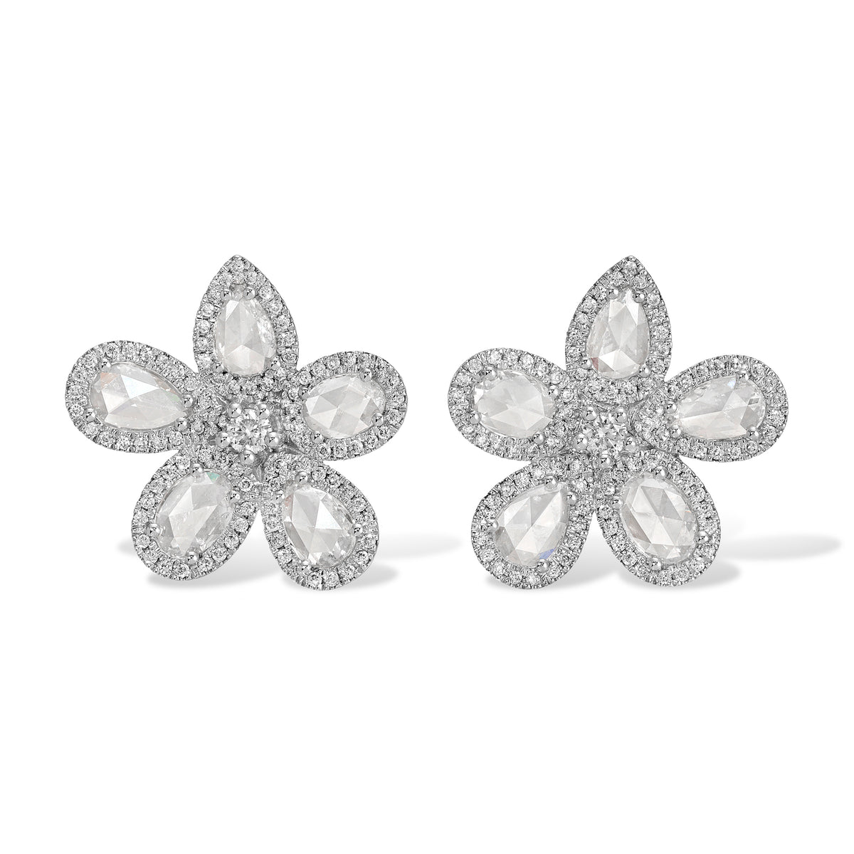 14KT White Gold Rose Cut Diamond Flower Studs