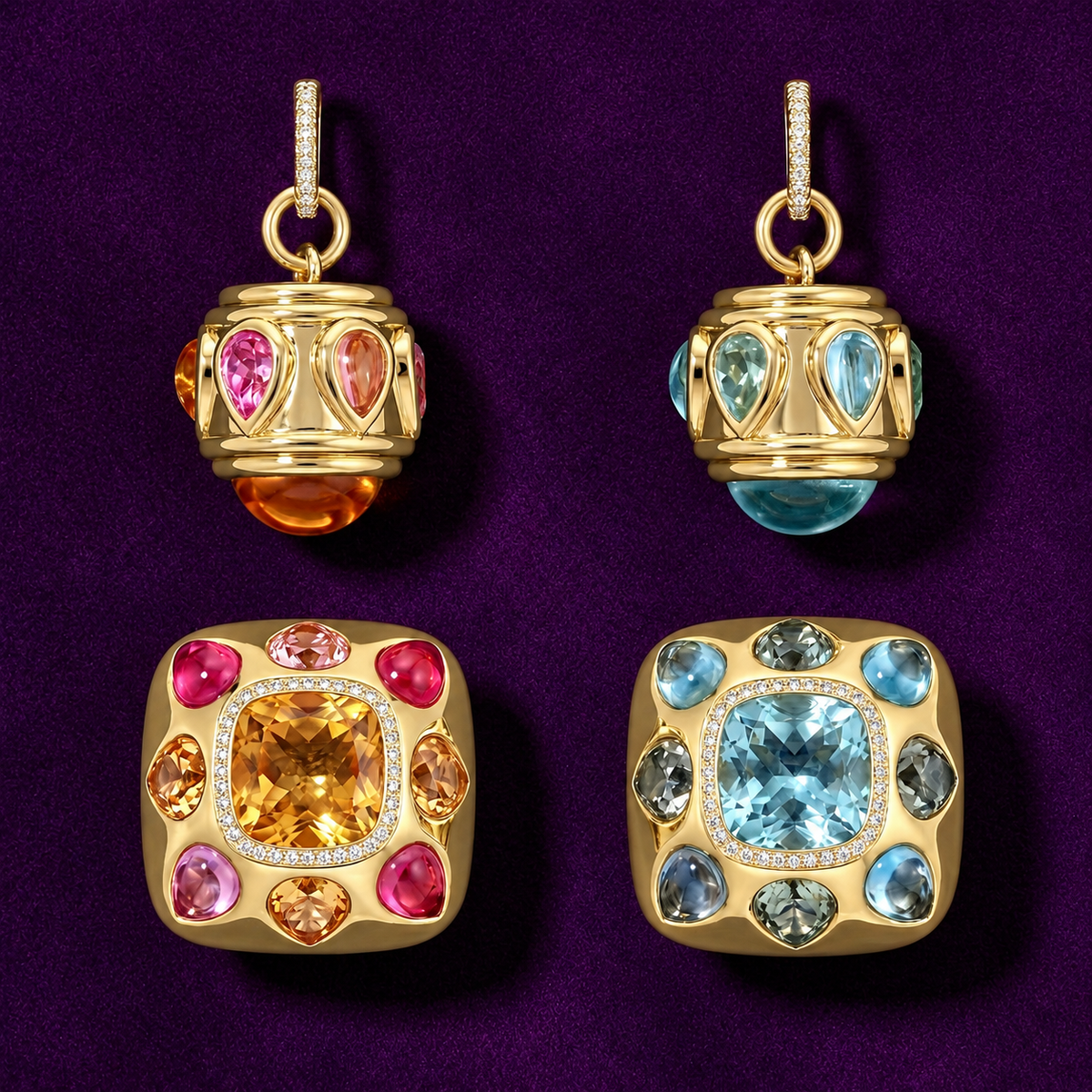 Anna rings and charms on purple background