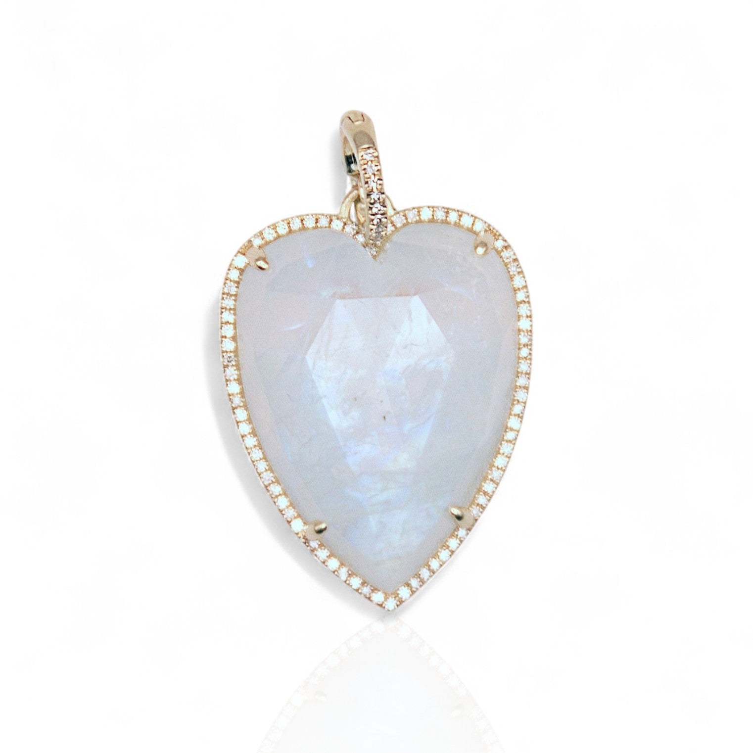 14KT Yellow Gold Moonstone Diamond Large Heart Charm with Diamond Clip on Bail