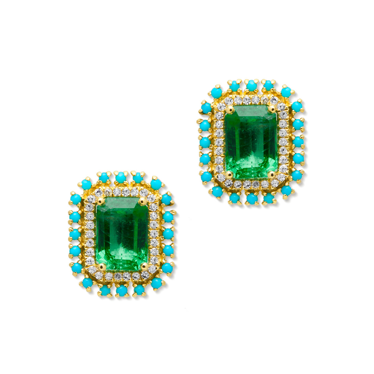 14KT Yellow Gold Emerald Turquoise Diamond Monaco Stud Earrings