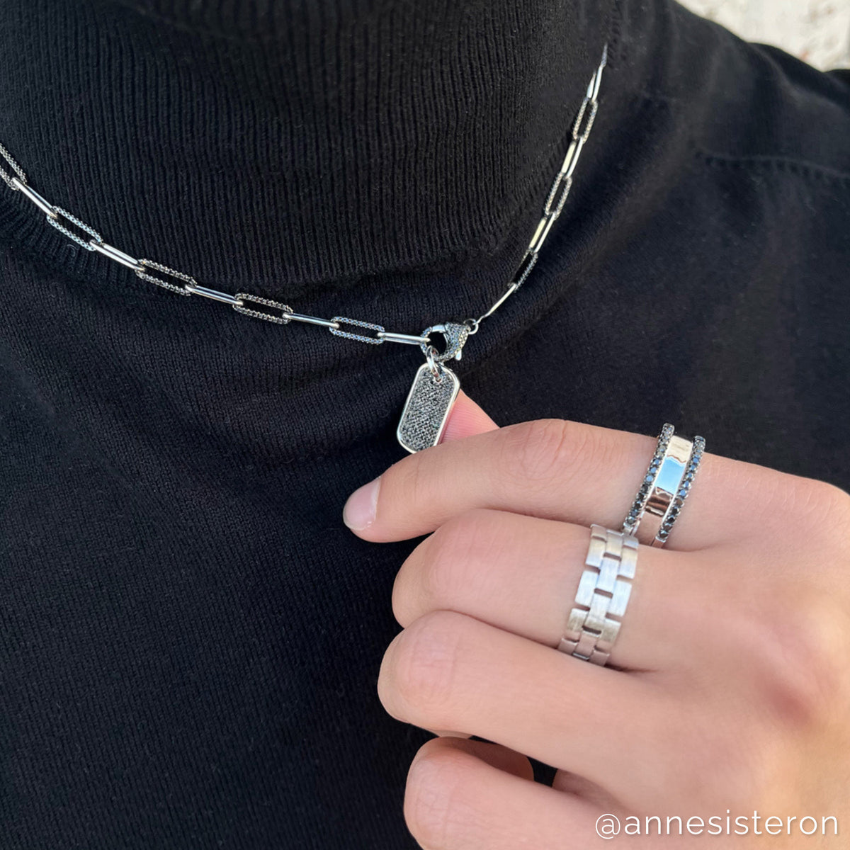 Model wearing 14KT White Gold Black Diamond Jackson Band Ring