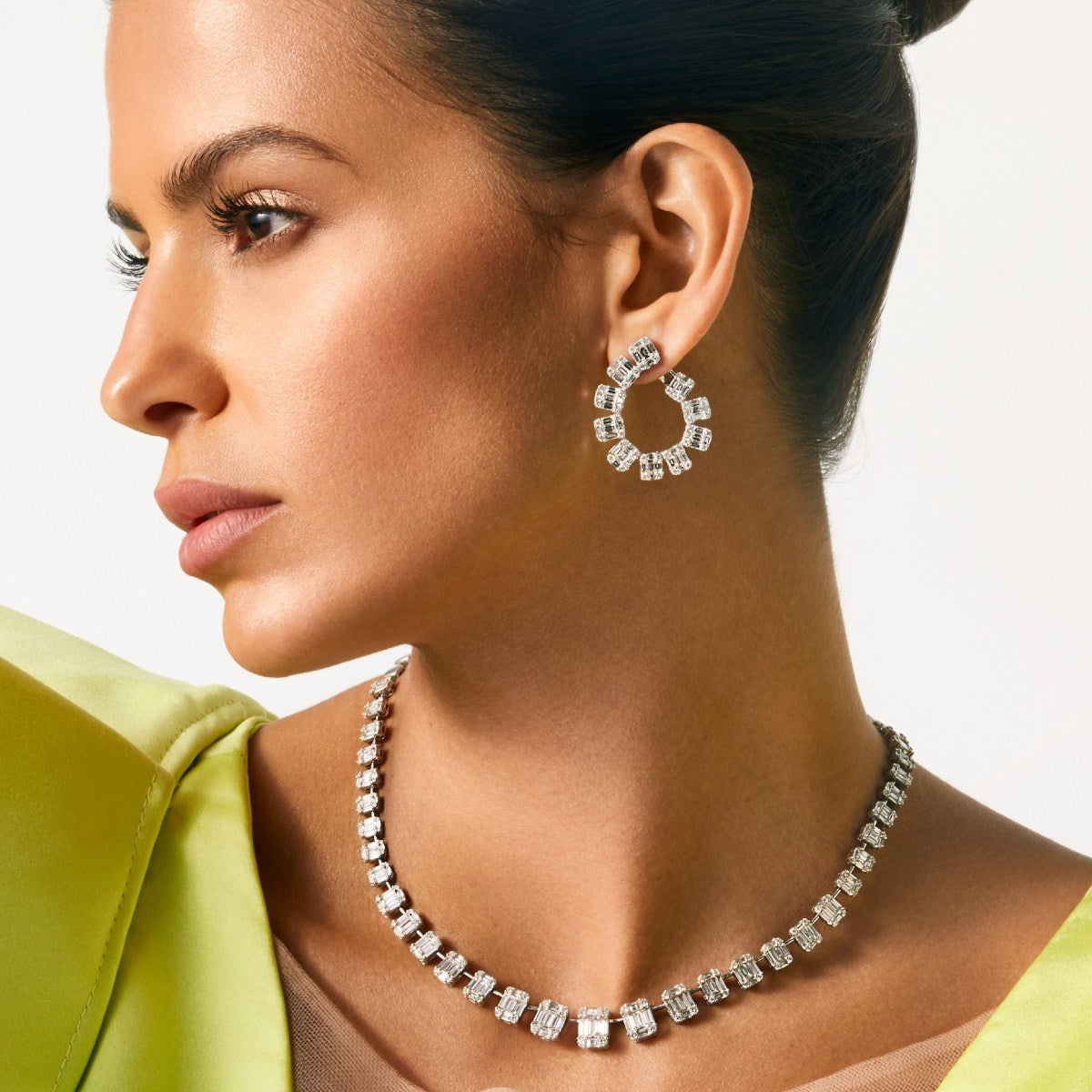 Model wearing 14KT Yellow Gold Baguette Diamond Marcela Earrings