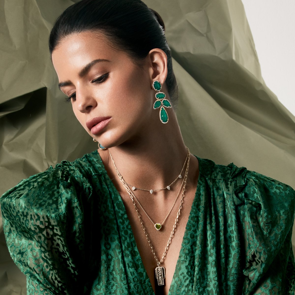 Model wearing 14KT White Gold Emerald Triplet Diamond Bellissima Chandelier Earrings