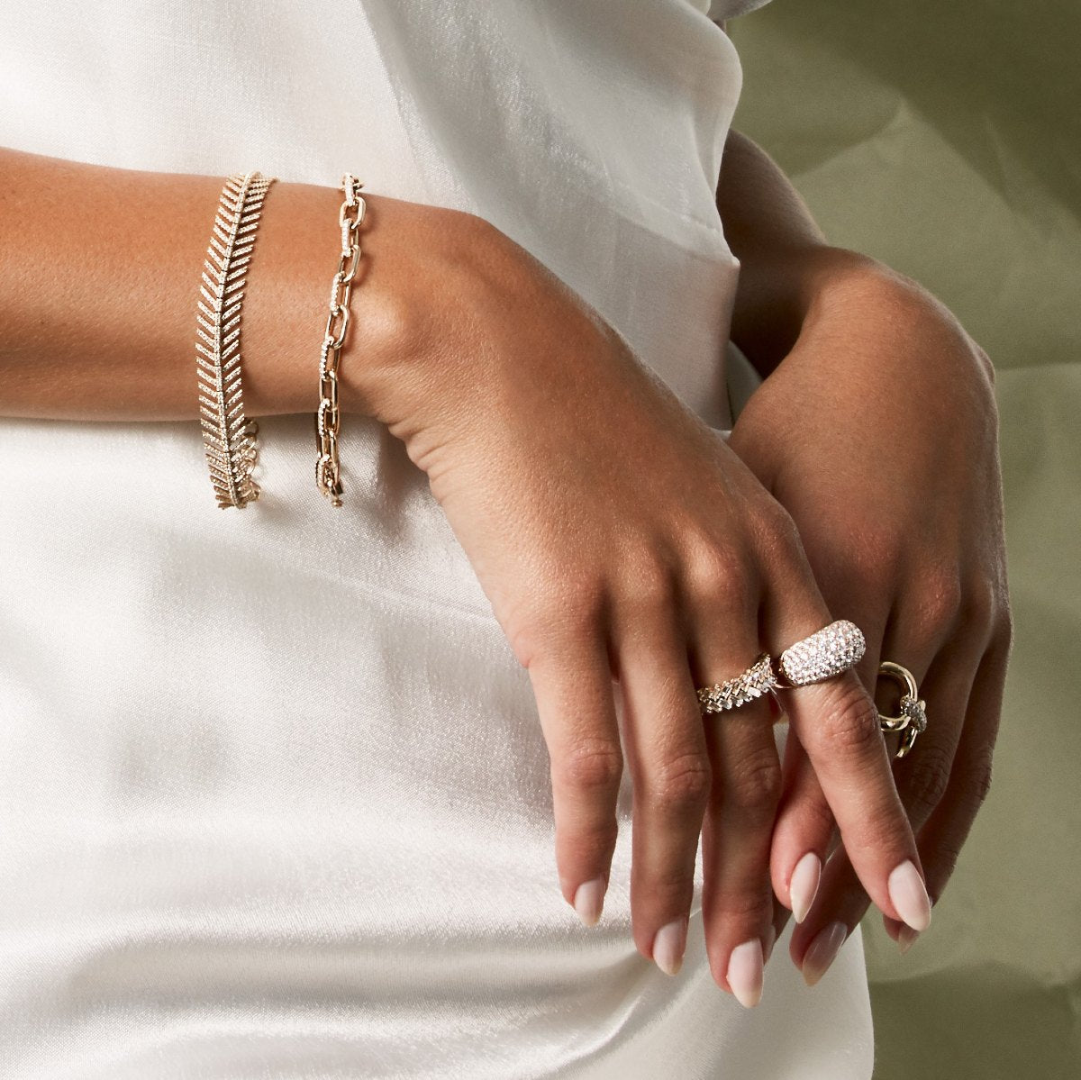 Model wearing 14KT Rose Gold Baguette Diamond Celine Ring