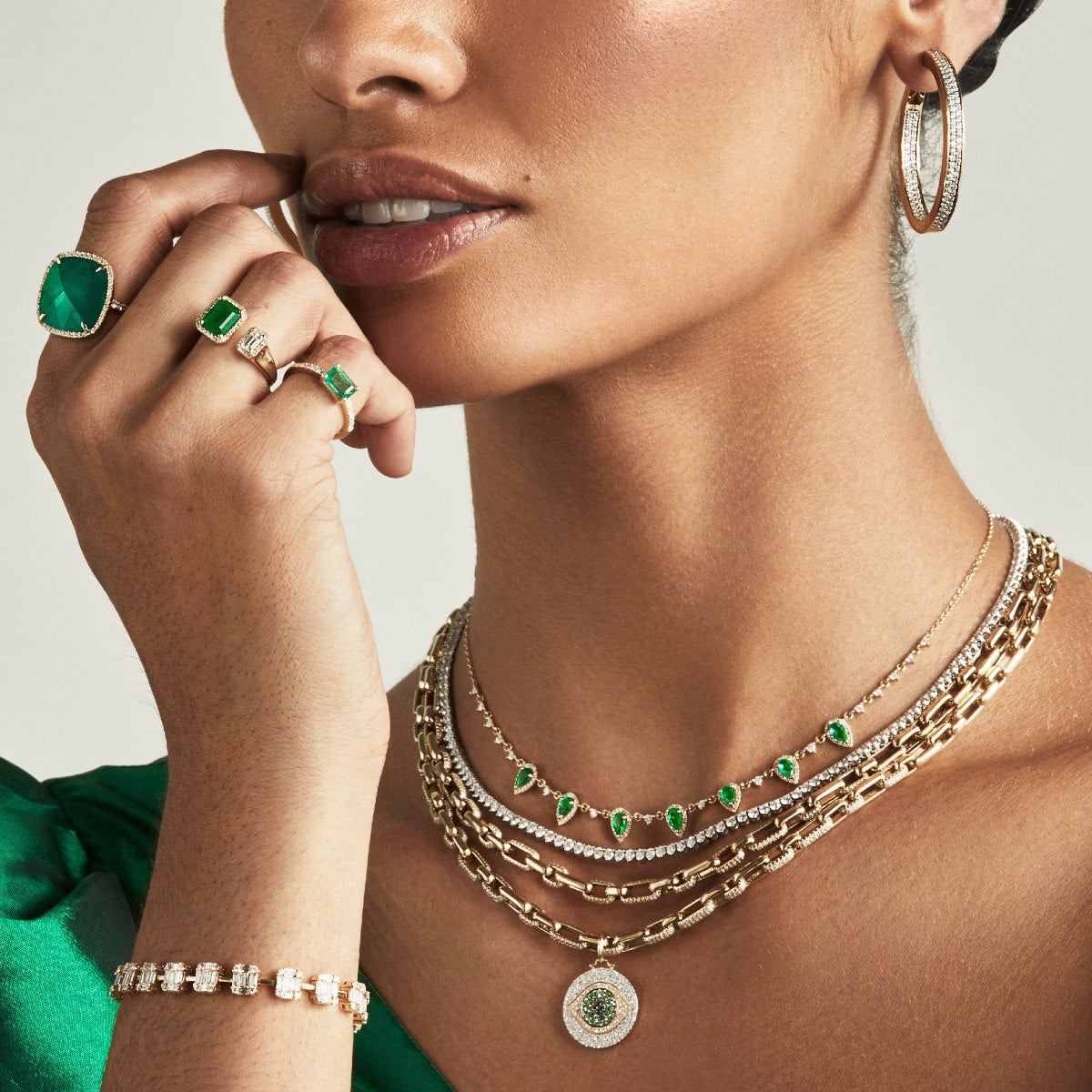 Model wearing 14KT Yellow Gold Diamond Emerald Triplet Cushion Cut Cocktail Ring