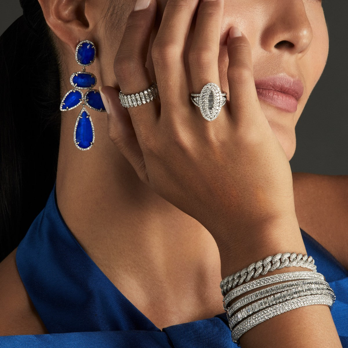 Model wearing 14KT Rose Gold Baguette Diamond Era Ring