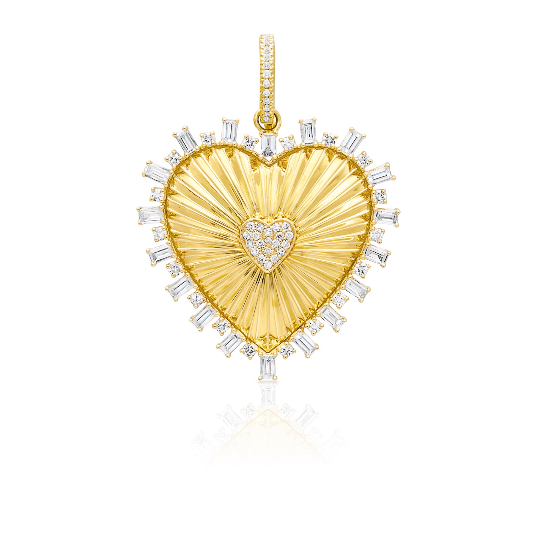 14KT Yellow Gold Baguette Diamond Heart of Gold Charm Pendant with Diamond Clip on Bail