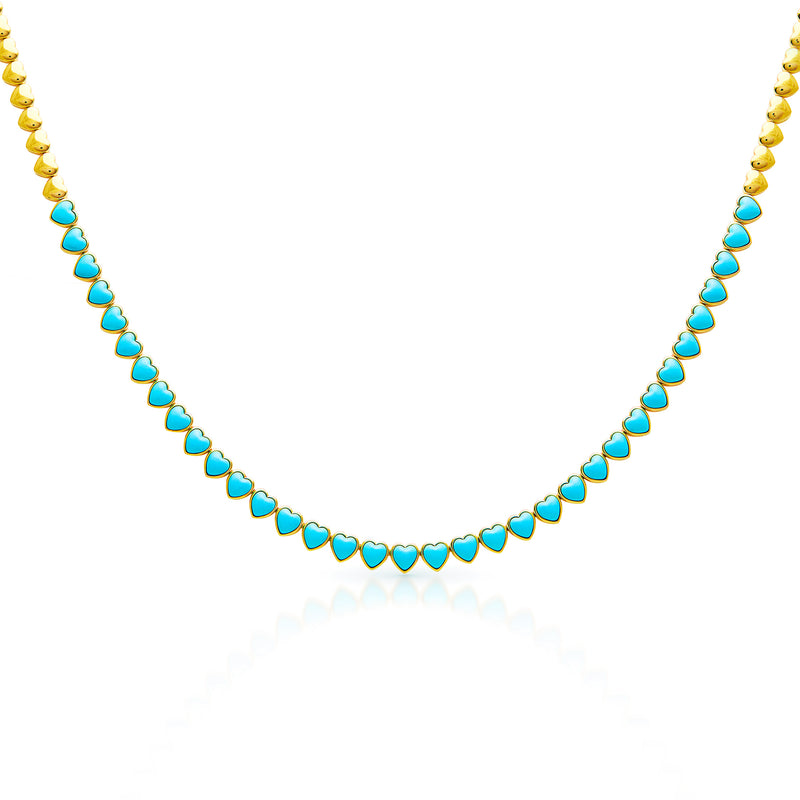 14KT Yellow Gold Turquoise Heart Tennis Necklace