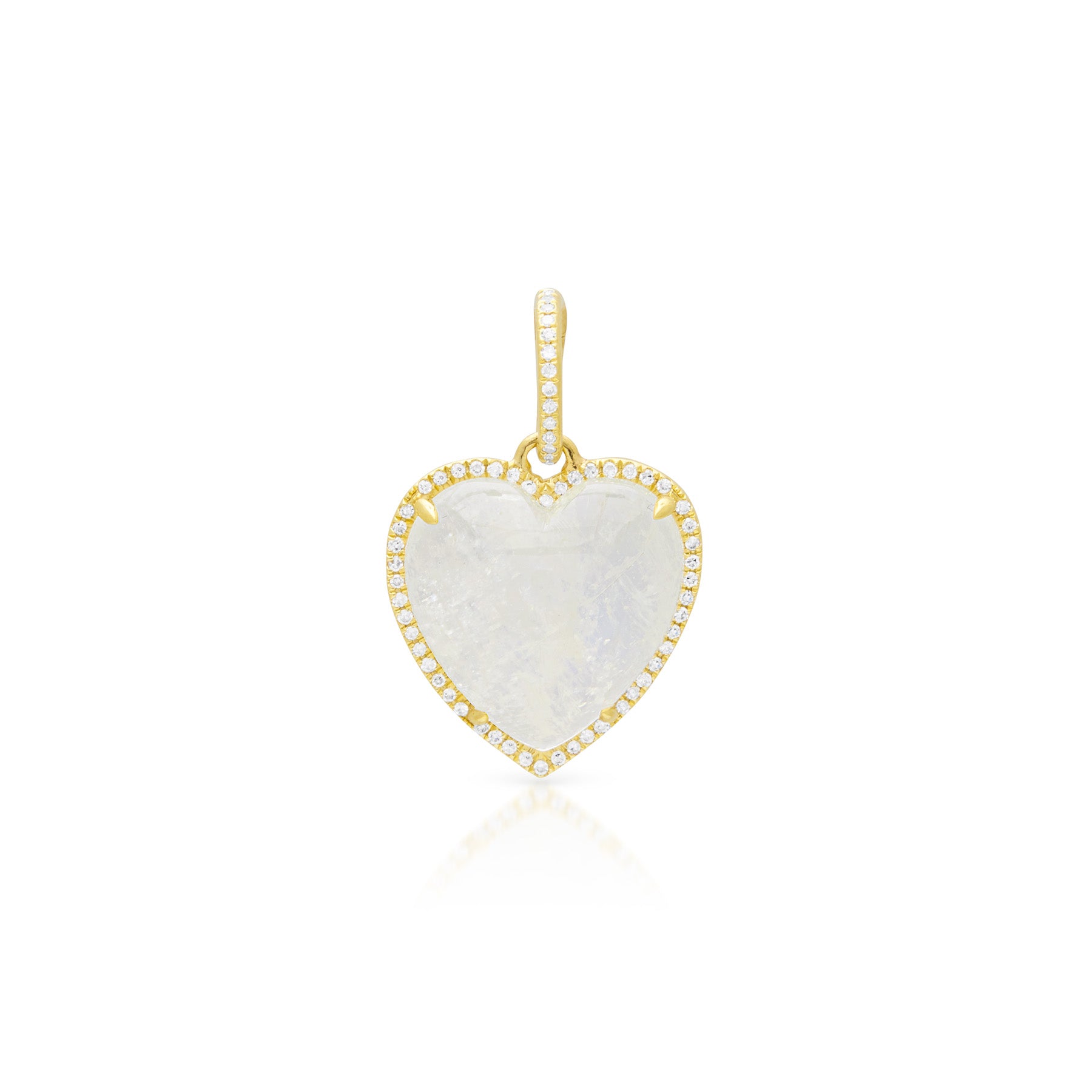 14KT Yellow Gold Moonstone Diamond Heart Charm Pendant with Diamond Clip on Bail