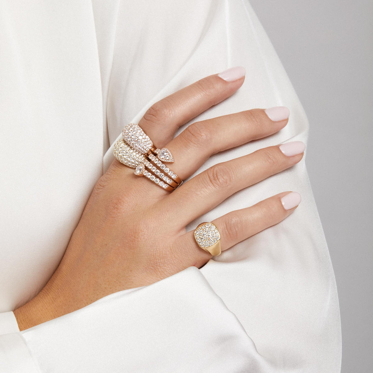 Model wearing 14KT Yellow Gold Diamond Dome Ring
