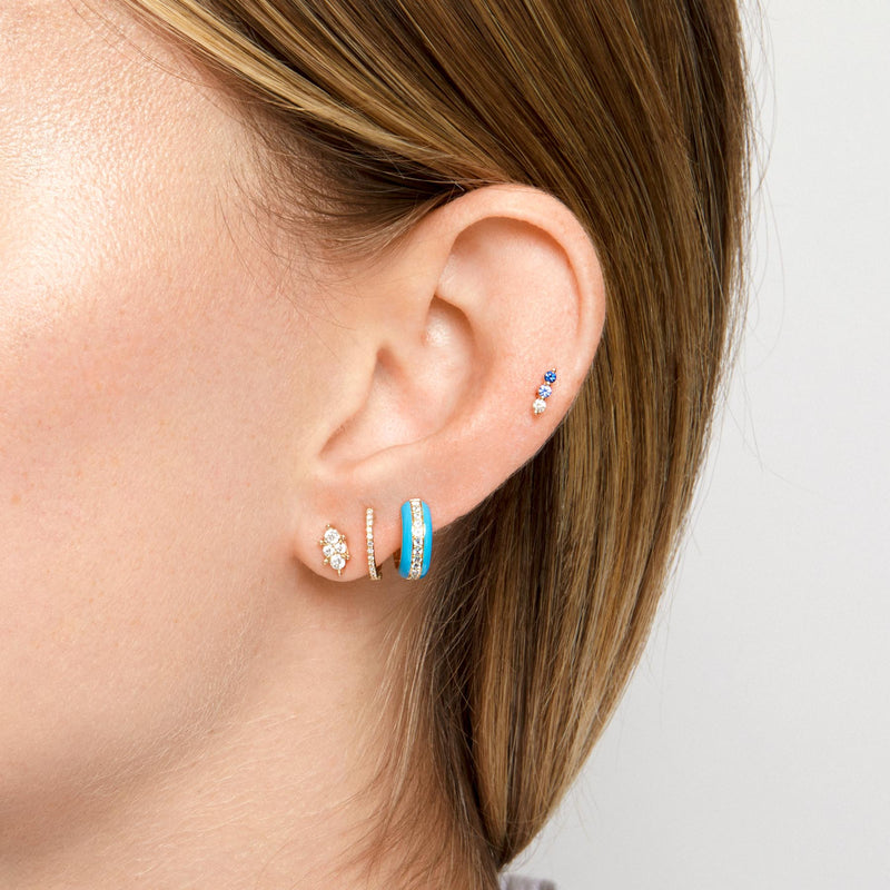 Model wearing 14KT Rose Gold Blue Sapphire Diamond Ombre Earrings