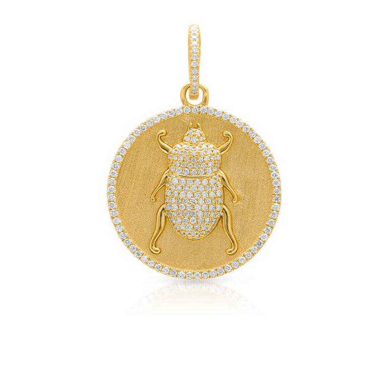 14KT Yellow Gold Diamond Scarab Medallion Charm with Diamond Clip on Bail