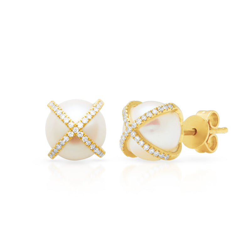 14KT Yellow Gold Diamond X Pearl Stud Earrings