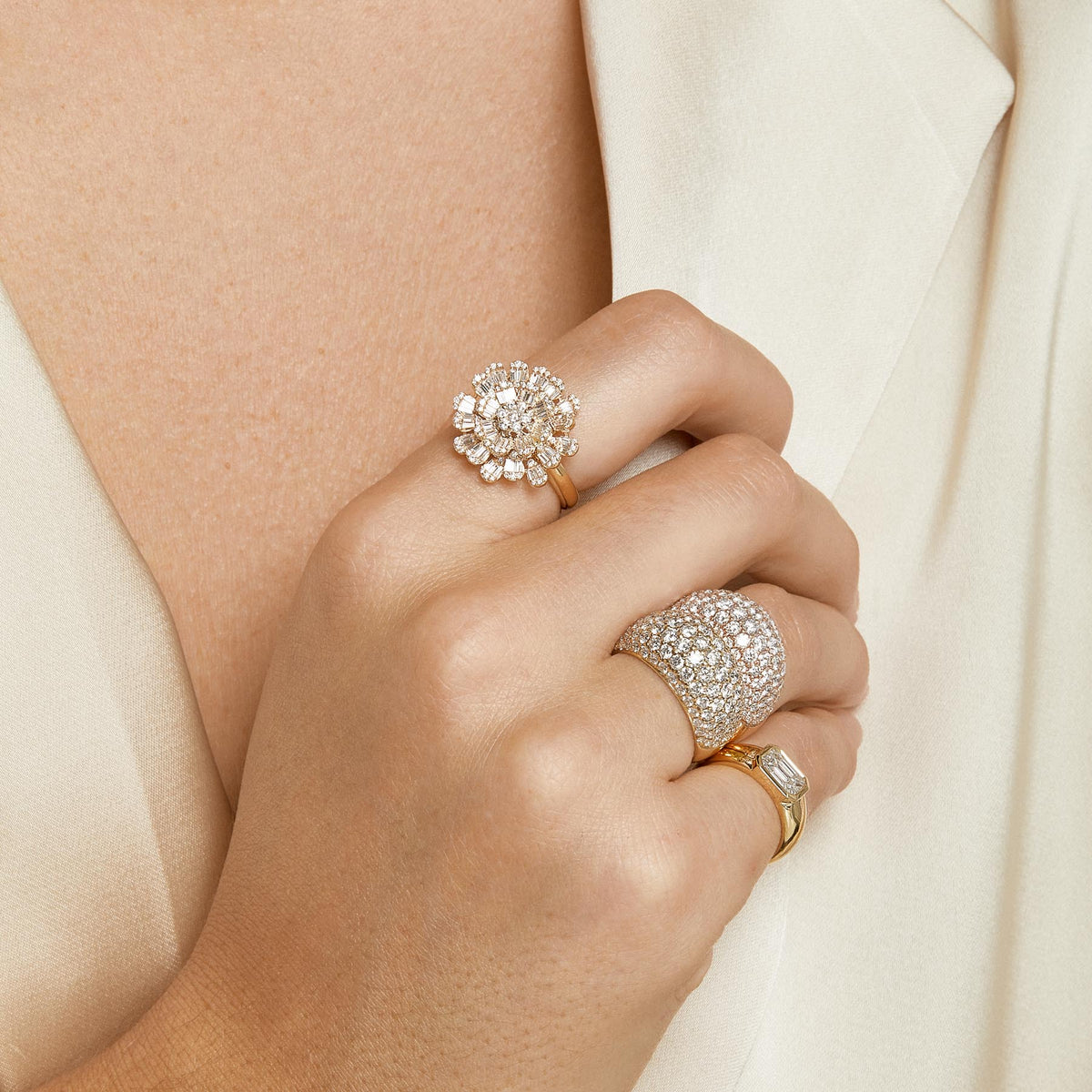 Model wearing 14KT Yellow Gold Diamond Dome Ring