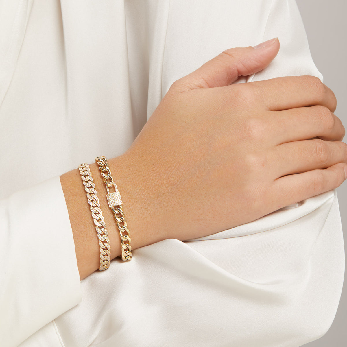 Model wearing 14KT Yellow Gold Diamond Lovelock Bracelet