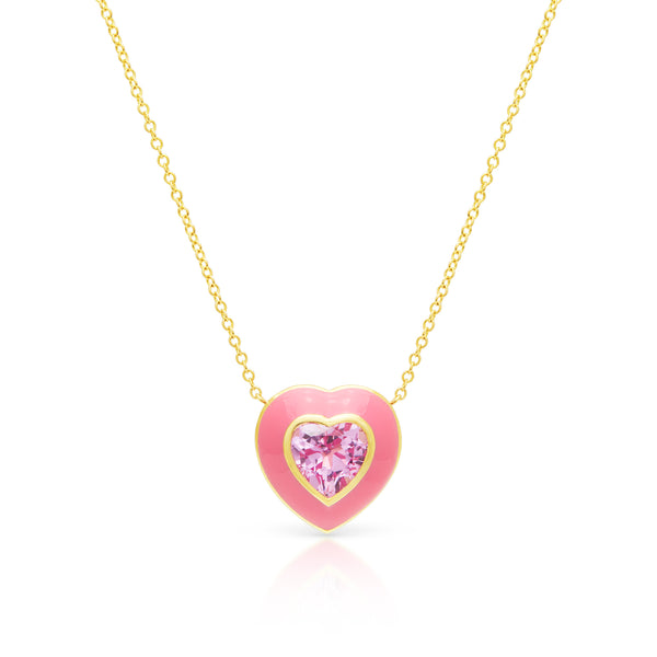 14KT Yellow Gold Pink Topaz Pink Enamel Heart Necklace – Anne