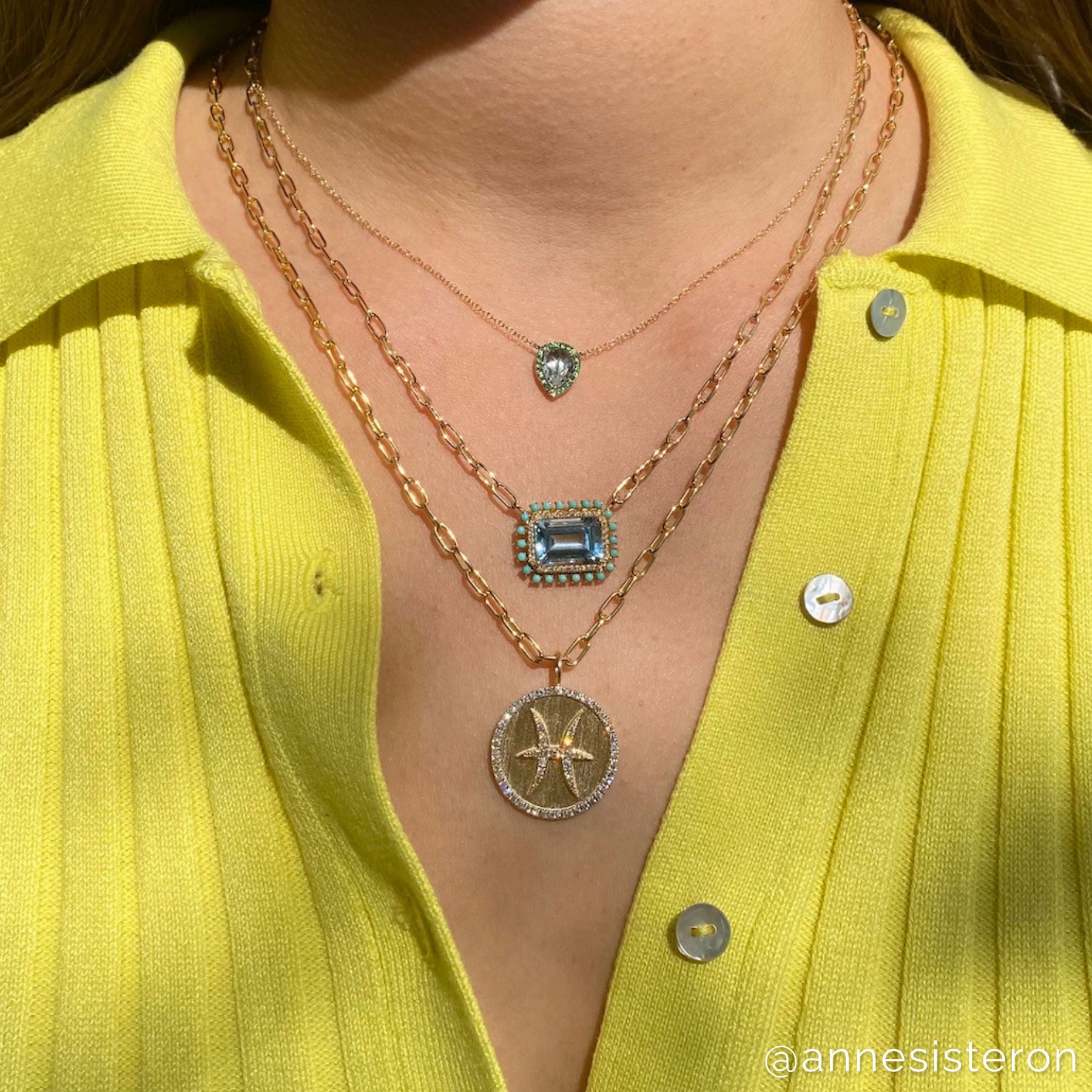 18KT Yellow Gold Blue Topaz Turquoise Diamond Portofino Chain Link Necklace
